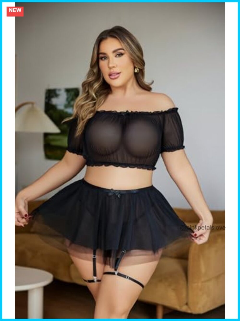 Plus Size 3 Piece Lingerie Set Mesh Ruffle Garter Top Skirt Thong - Picture 4 of 7
